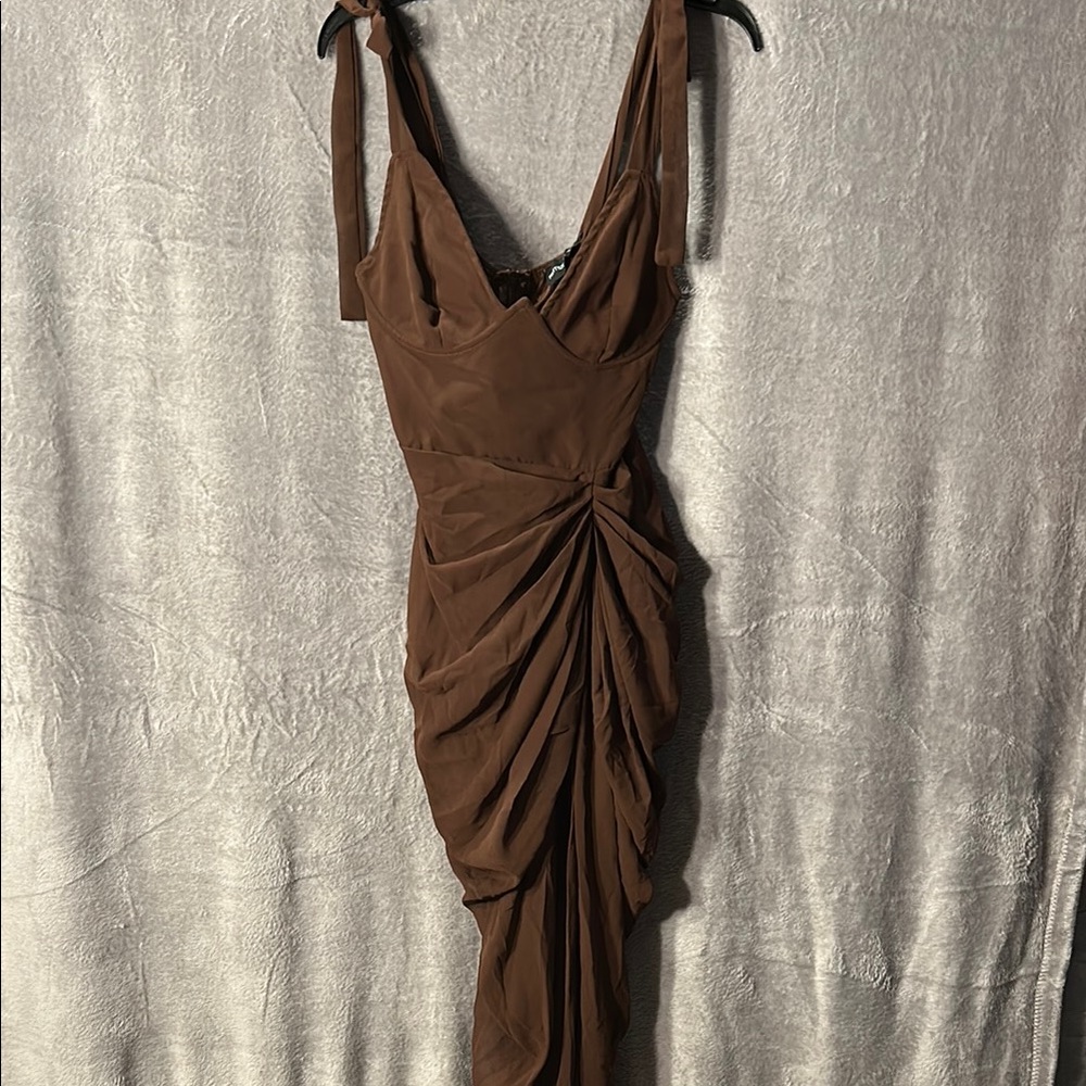 PrettyLittleThing Brown Ruched Asymmetrical Gown